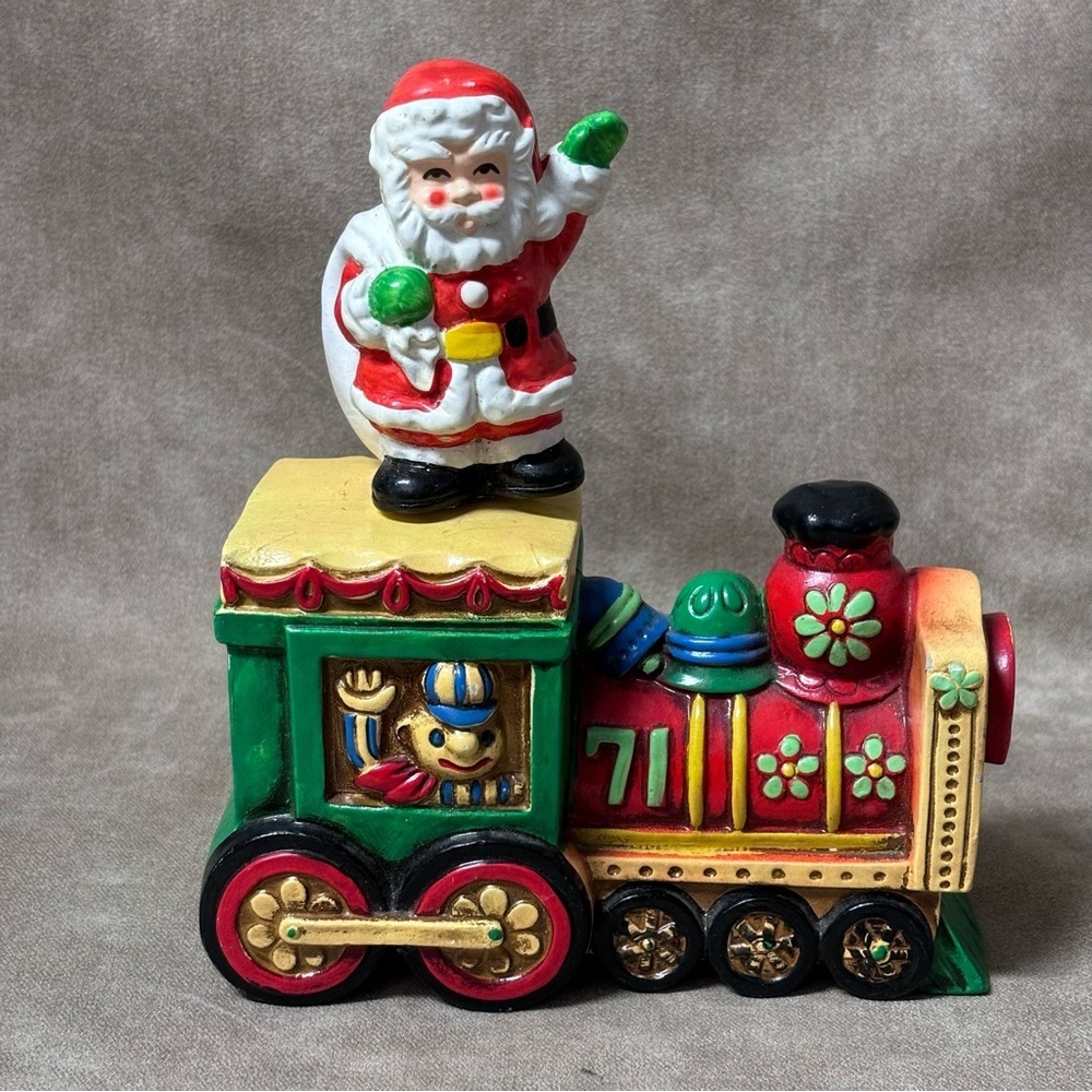 Vintage Ceramic Santa Claus On Train Musical Box